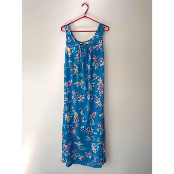 70s vintage blue abstract print sheer long maxi dress resortwear kaftan cover up - Picture 8 of 9